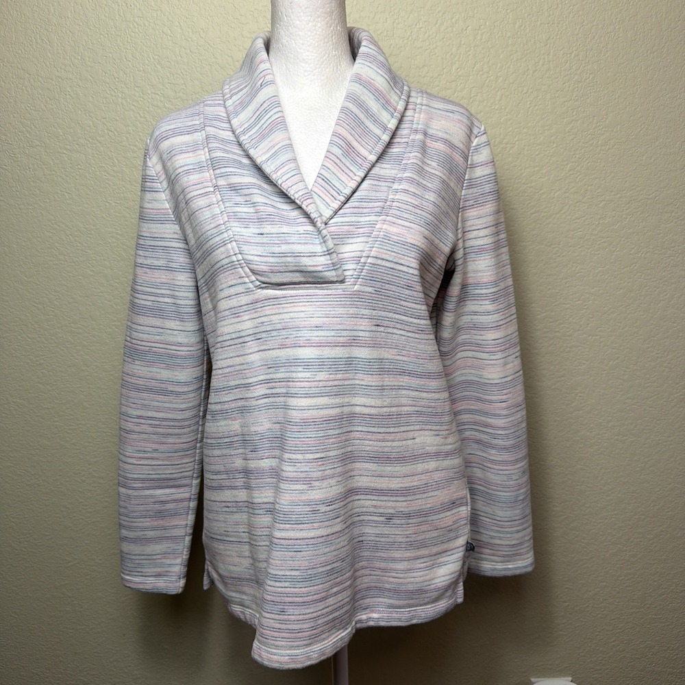 T by Talbots Pullover SP Womens Space Dye Stripe Fleece Shawl Collar Sweatshirt